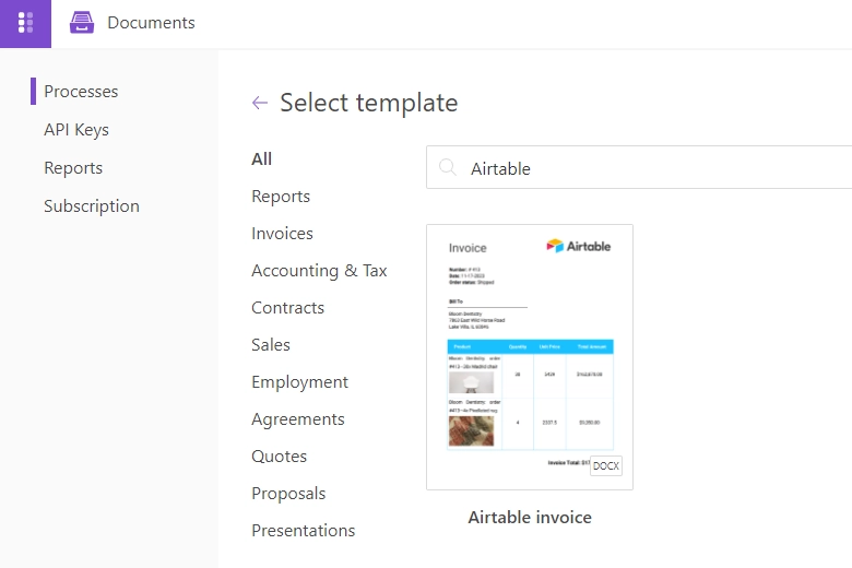 Airtable create process from template