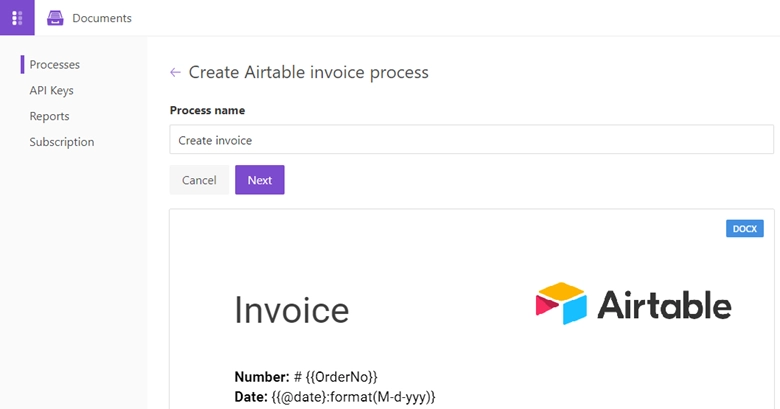 Airtable create process from template
