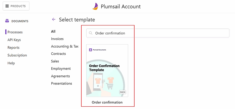 select order confirmation template from document templates library