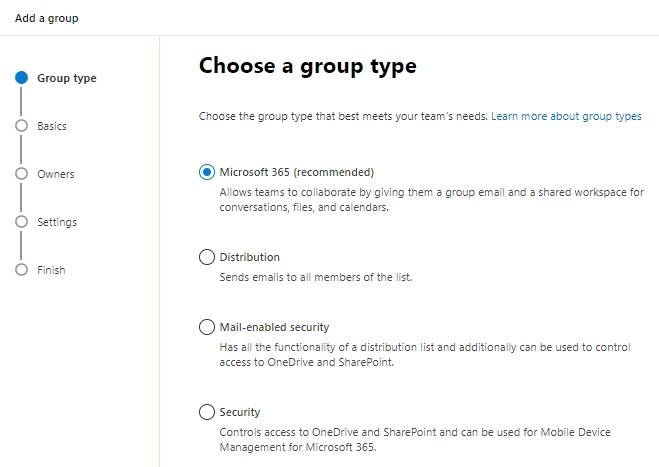 Select a type of the Microsoft 365 group