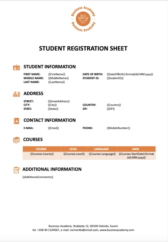 Student Registration Sheet Template