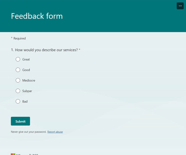 A preview of a branching feedback form