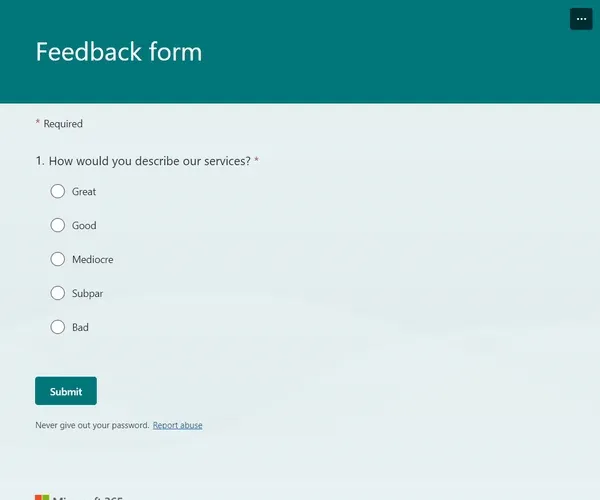 A preview of a branching feedback form