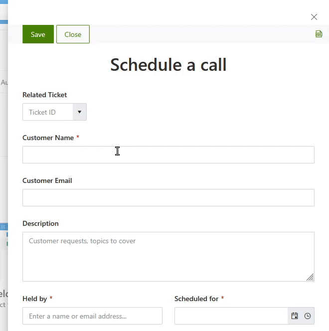 Choosing the ticket populates customer details and call description