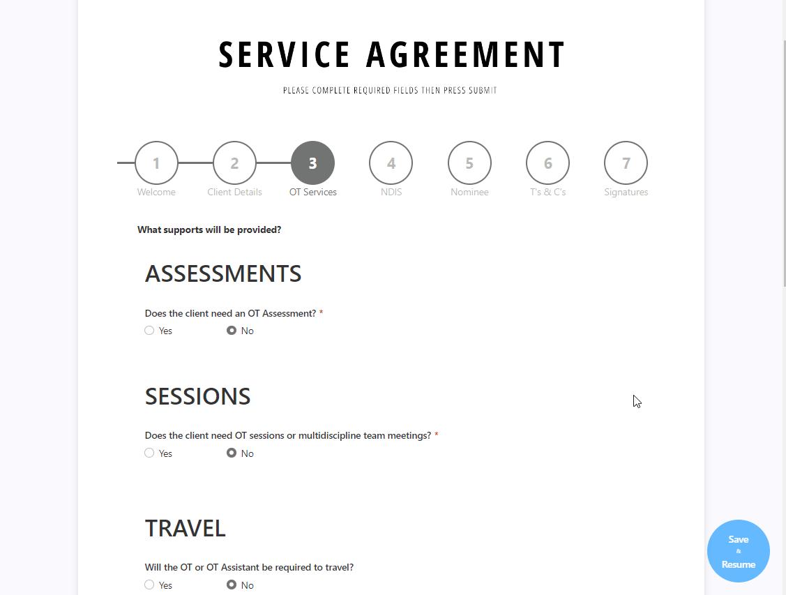 Service agreement form with conditional logic designed with Plumsail Forms