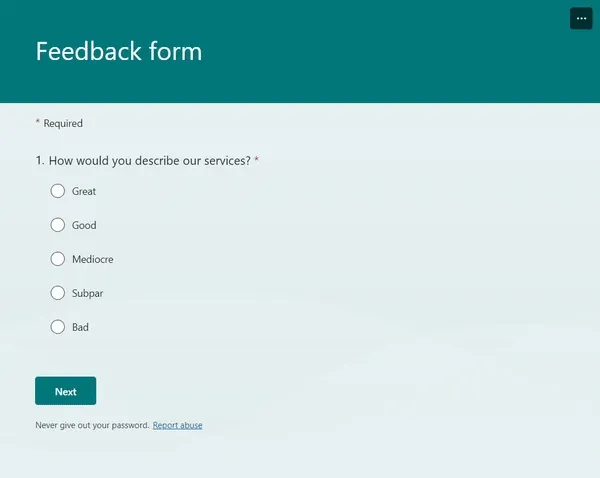 Preview of a feedback form with section branching