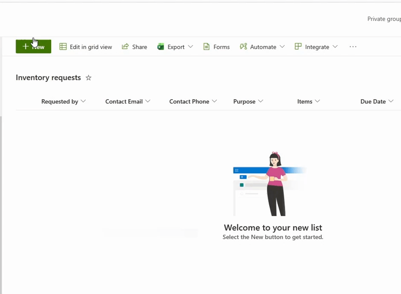 Contact details and the requested by field already filled in on opening an inventory request form