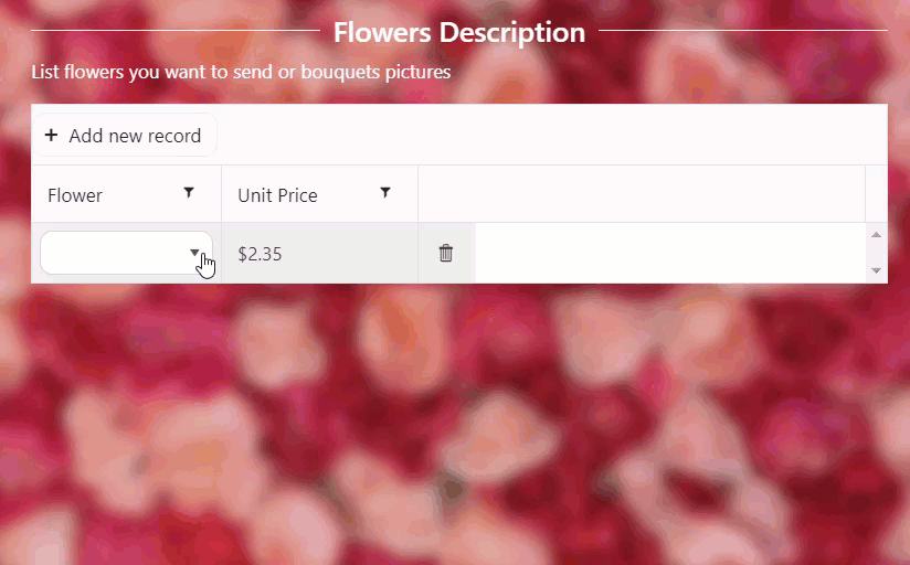 Data Table auto-populating the price column when a product is selected in the Product column
