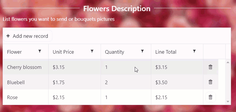 Data Table calculating the line total for each row after product and quantity are selected