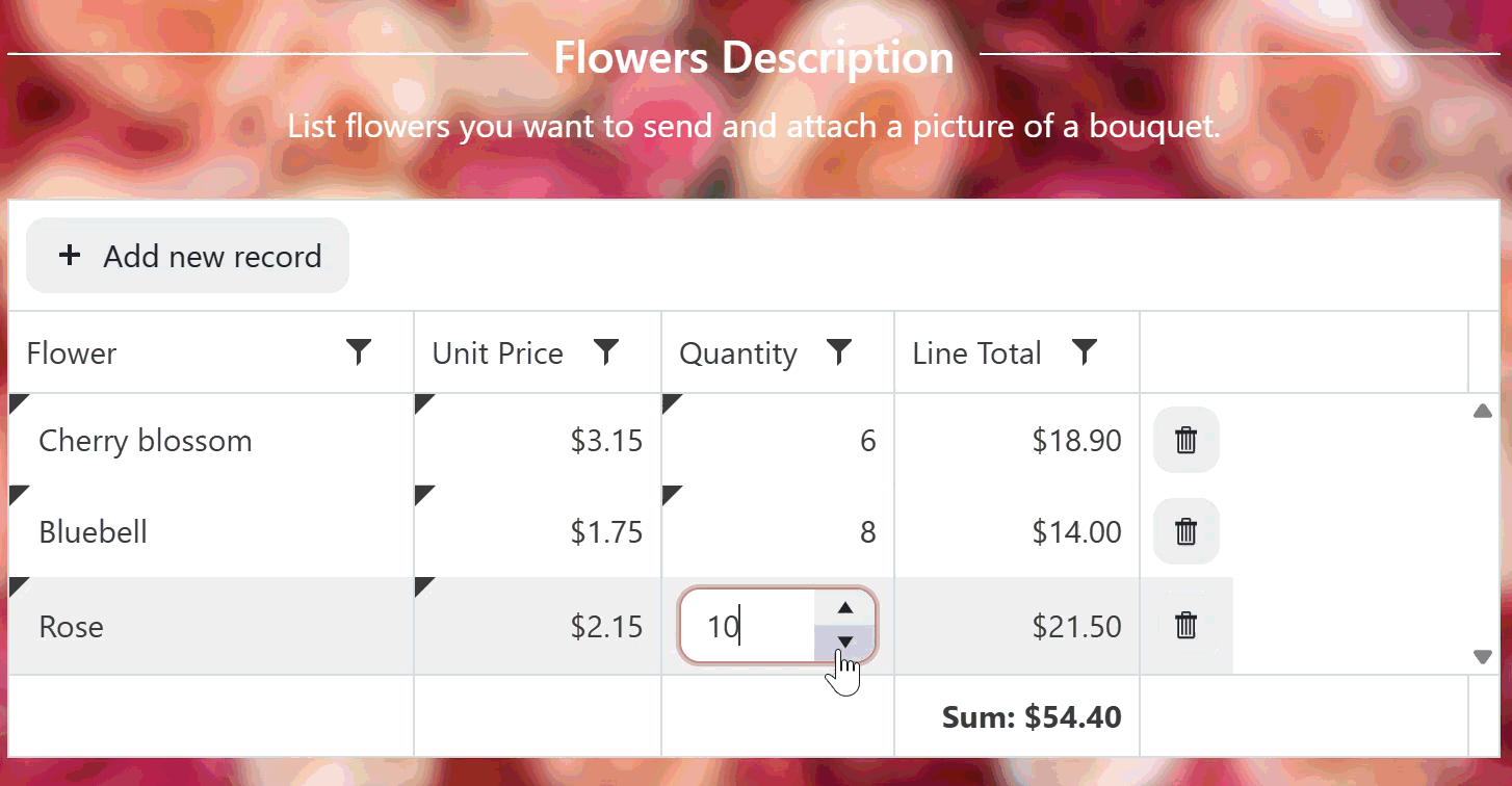 Data Table recalculating the order total as new products are added to the list