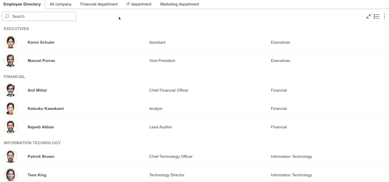 Search for an employee by name in the Org Chart Employee Directory