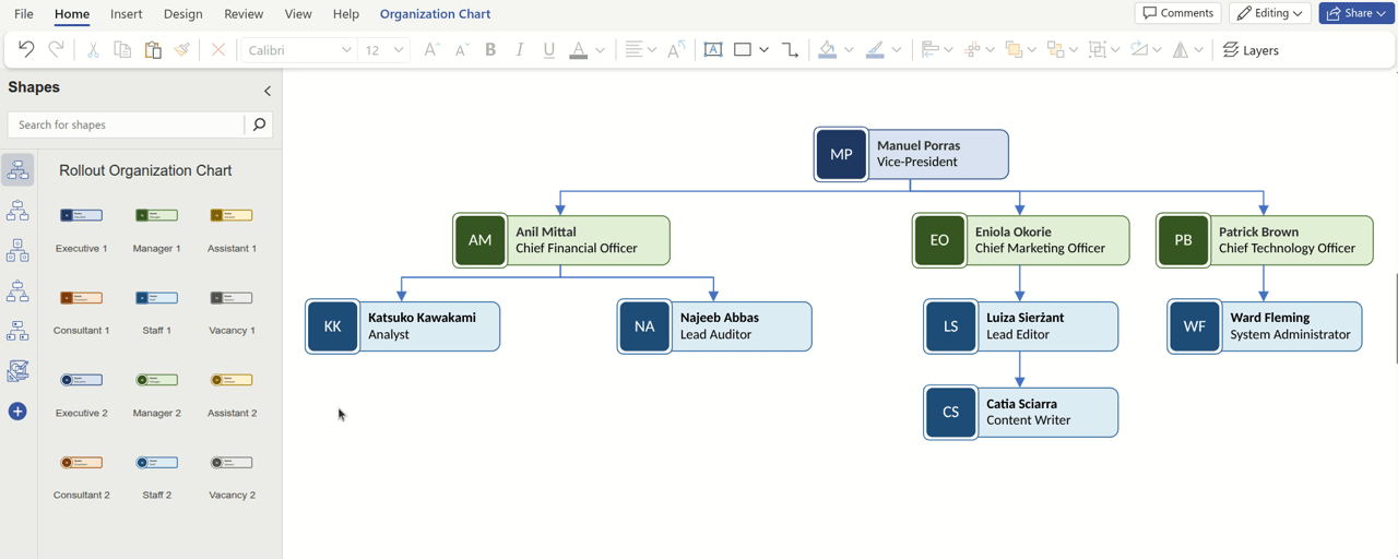 Editing a Visio diagram to add a new employee
