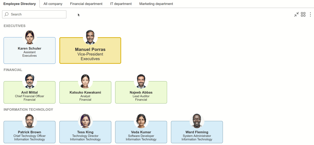Multiple Org Chart and Employee Directory views for different teams