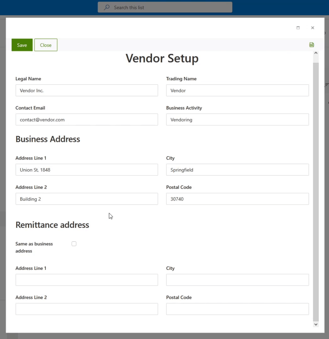 Ticking the checkbox to use business address for the second address section