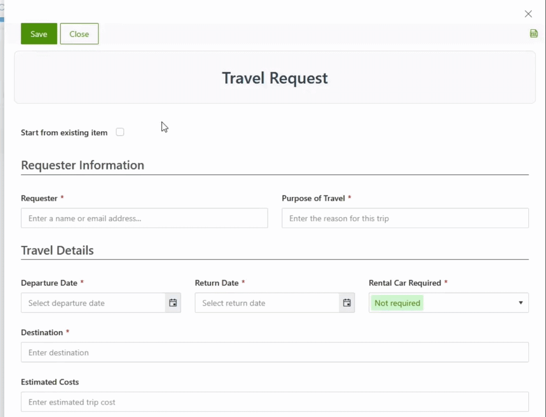 Choosing the existing item pre-fills all the other fields with data from that item