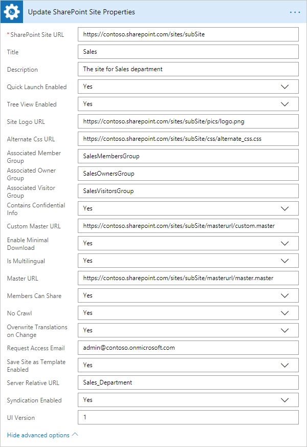 Update SharePoint Site Properties Example
