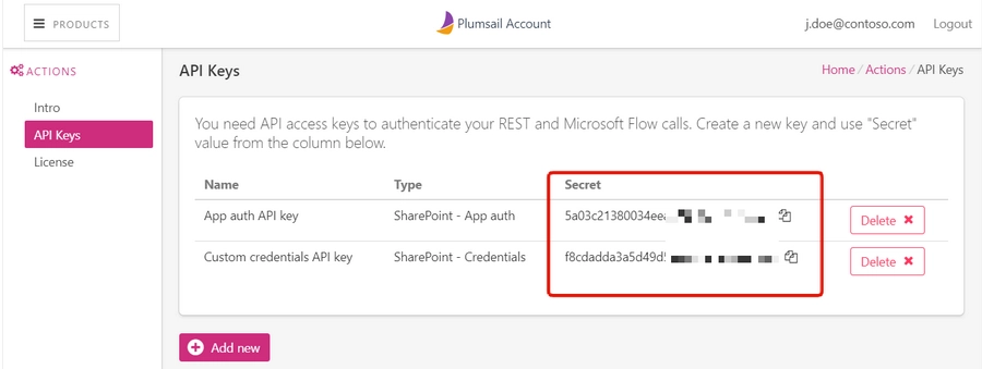 Actions API keys