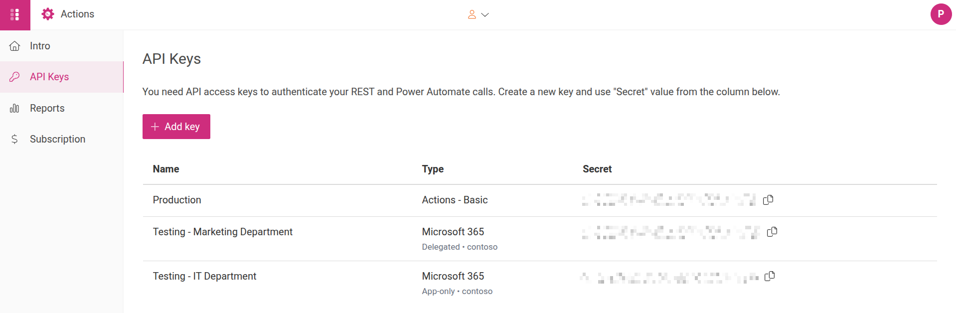 API Keys section showing created API keys in Plumsail portal