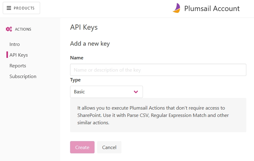 Plumsail API basic key