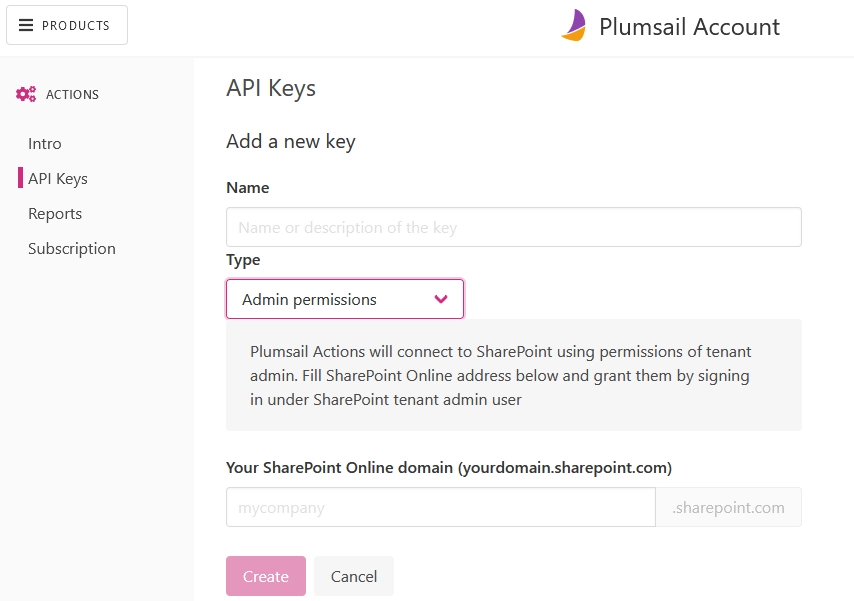 Plumsail SharePoint 管理者のアクセス許可キー