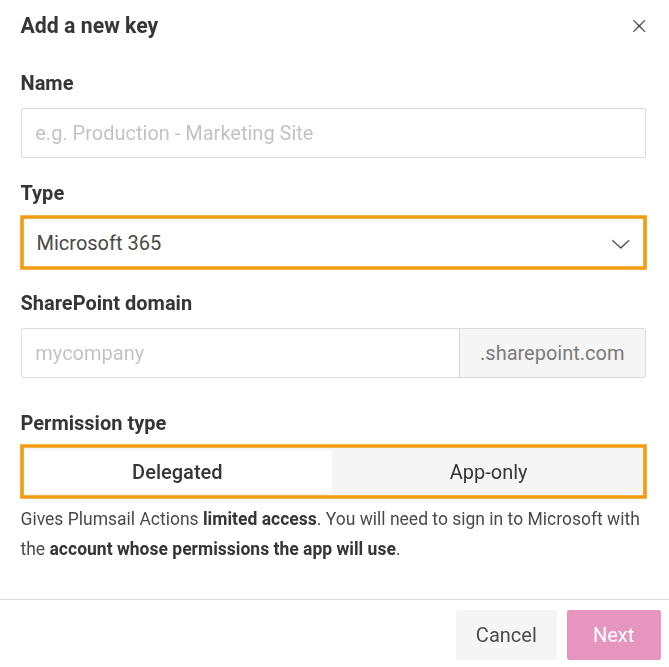 Microsoft 365 API key configuration with available fields