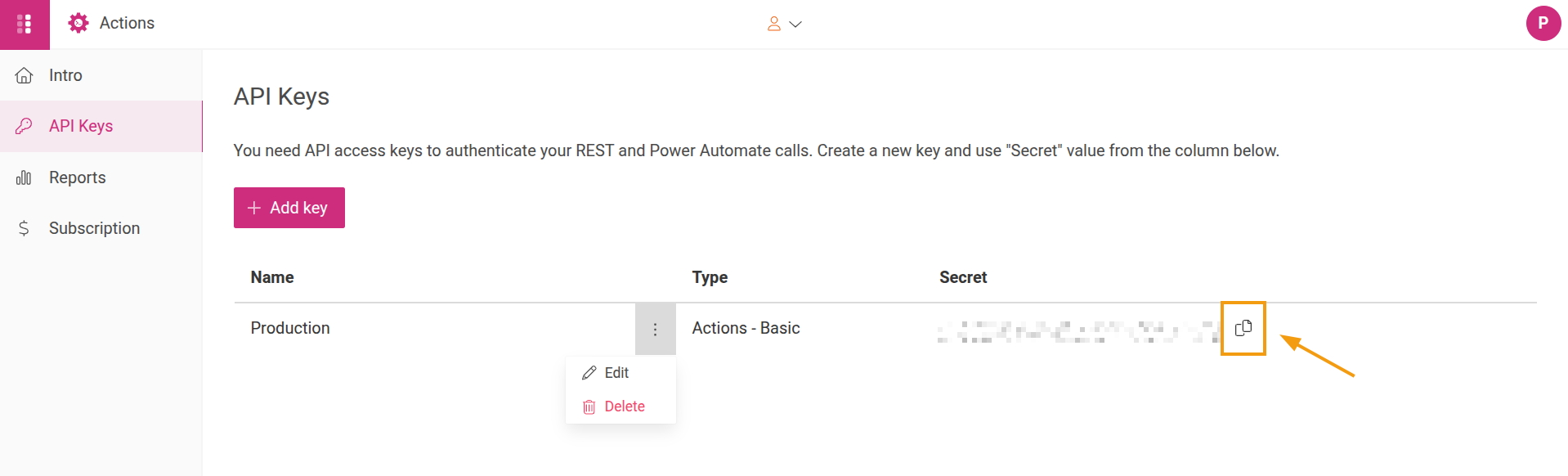API Keys section showing the Secret column and management options