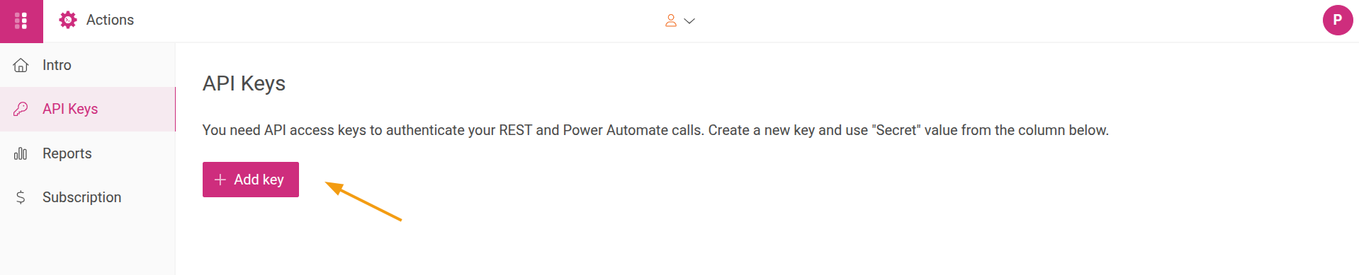 API Keys section with the Add key button in Plumsail portal