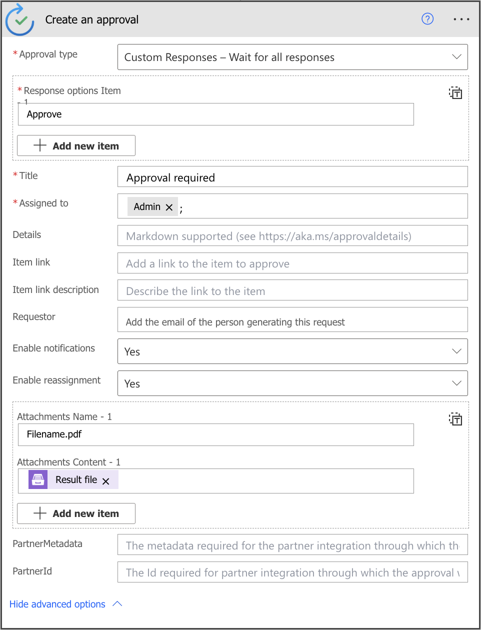 Create an approval action for the generated PDF document