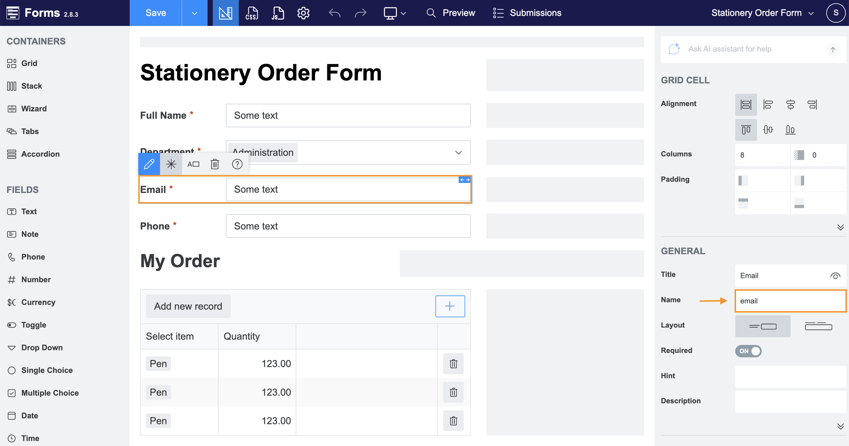 Configure internal names for Plumsail Forms fields