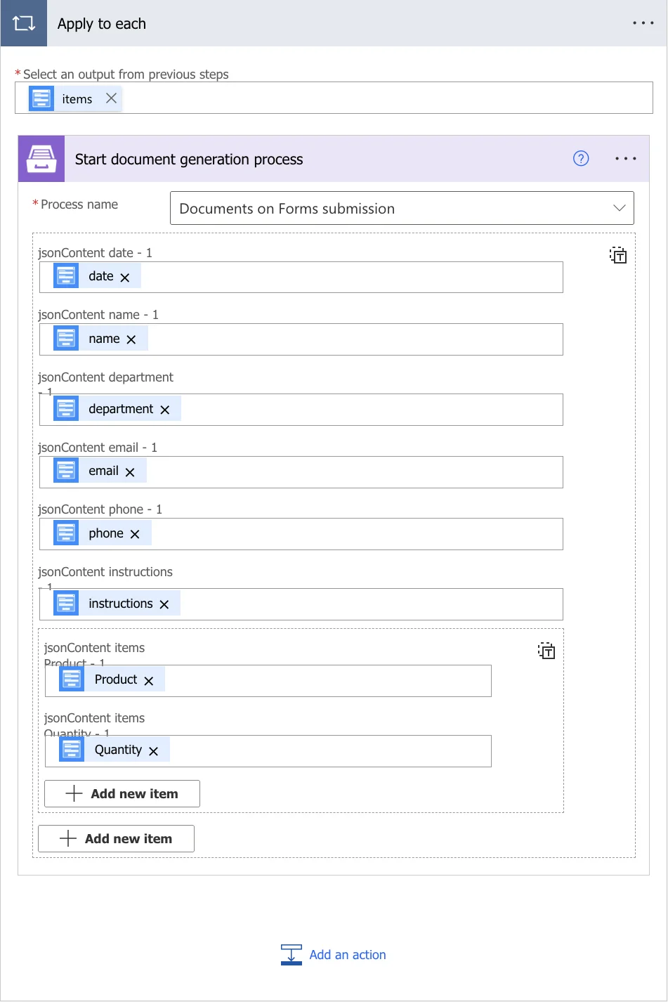 Start document generation process action in Power Automate