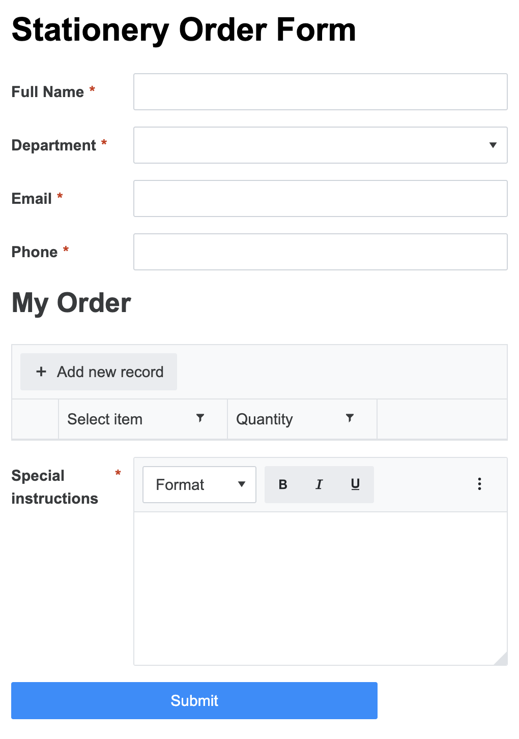 Stationery order form designed in Plumsail Forms