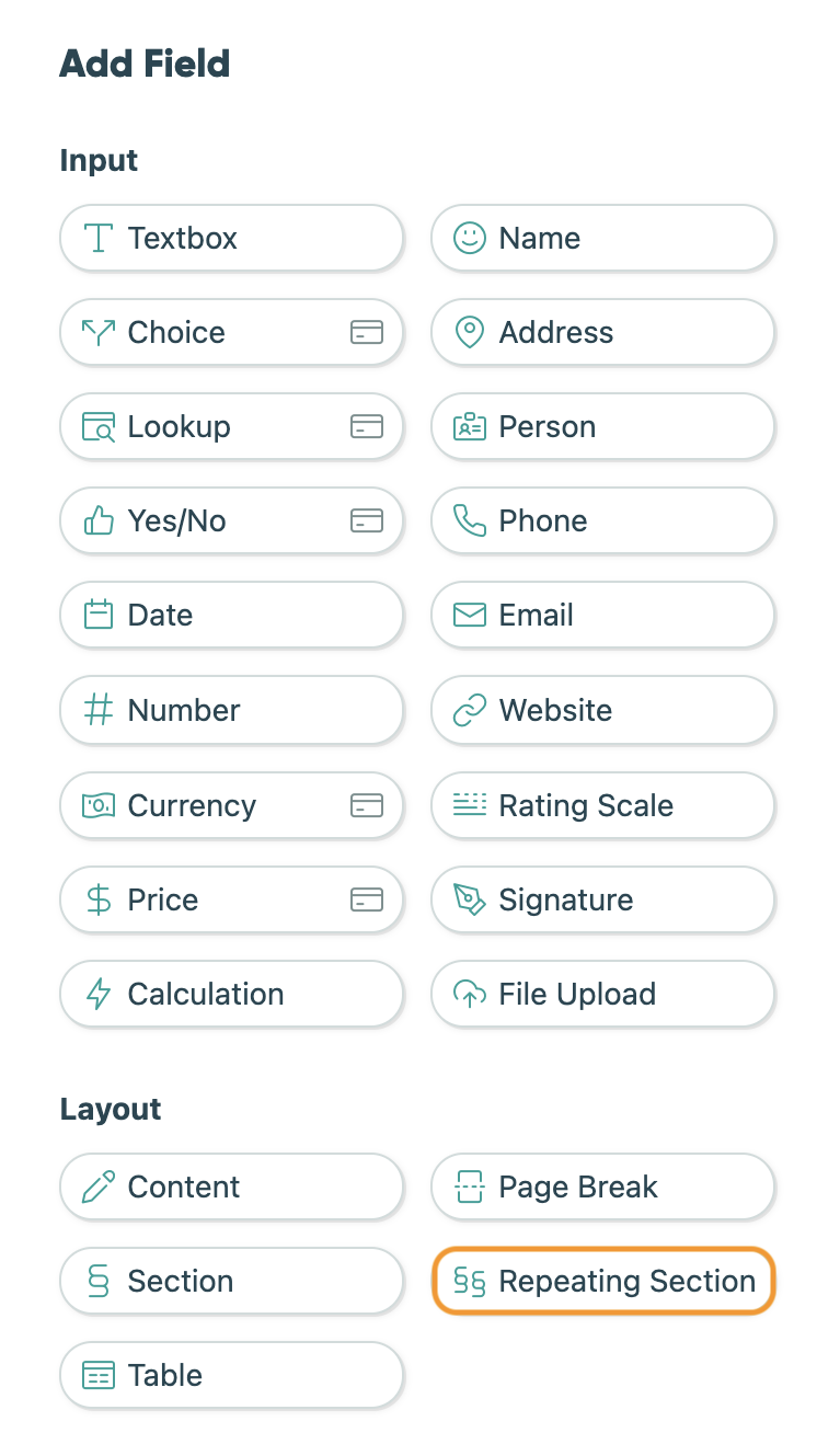 Add Field panel in Cognito Forms with the Repeating Section layout element highlighted