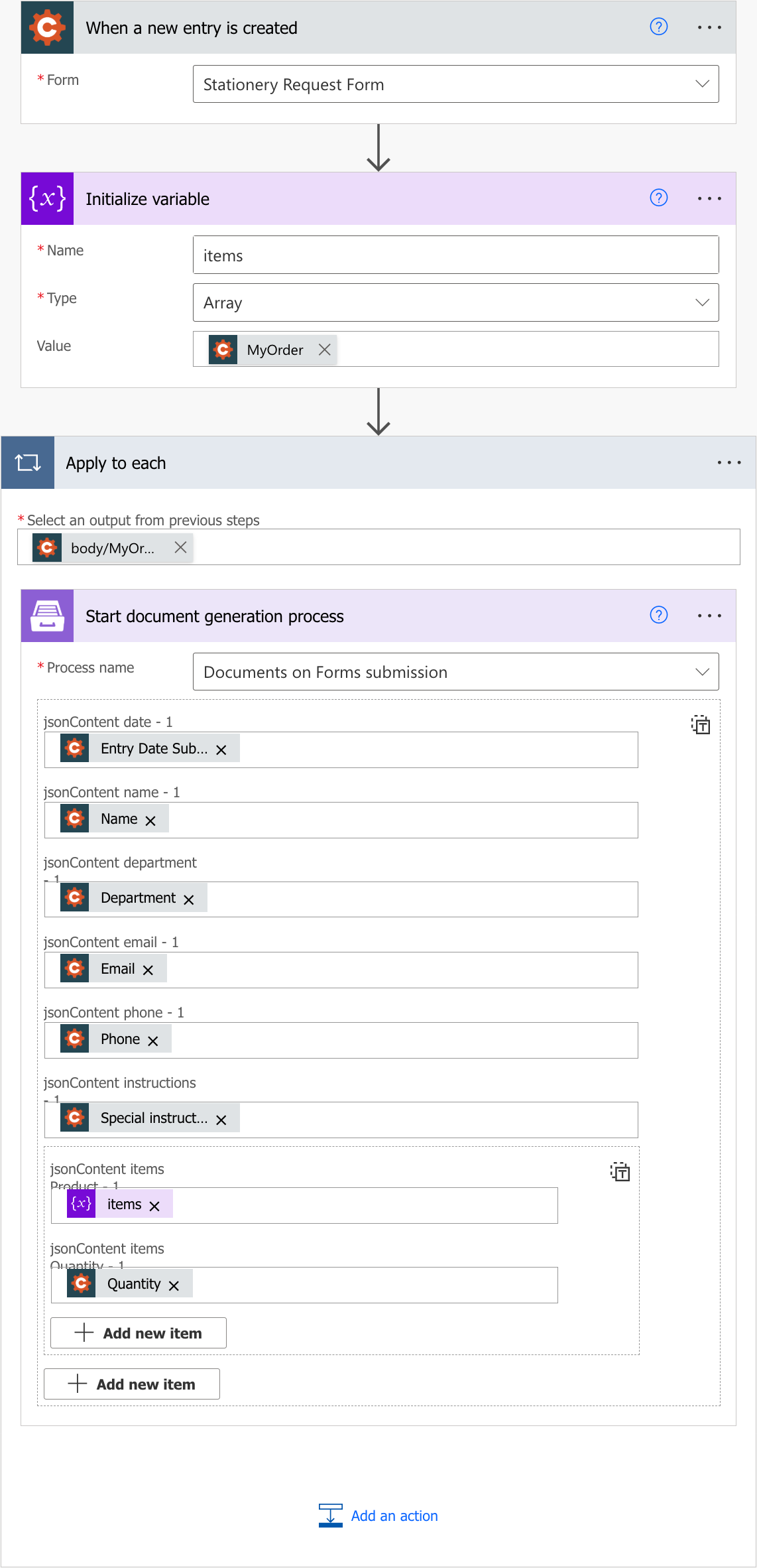 Power Automate flow with the When a new entry is created trigger, the Initialize variable action and the Start document generation process action inside an Apply to each loop