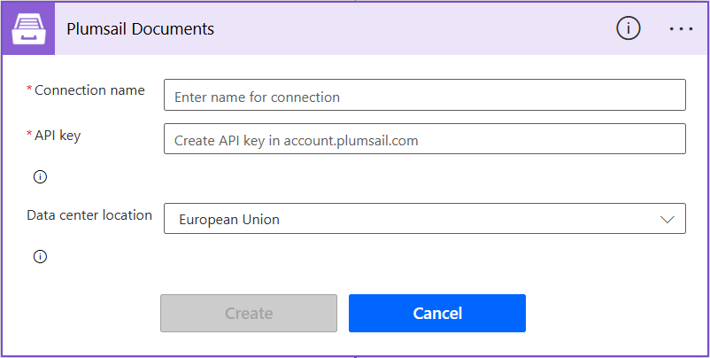 Plumsail Documents connection dialog with the Connection name, API key and Data center location fields