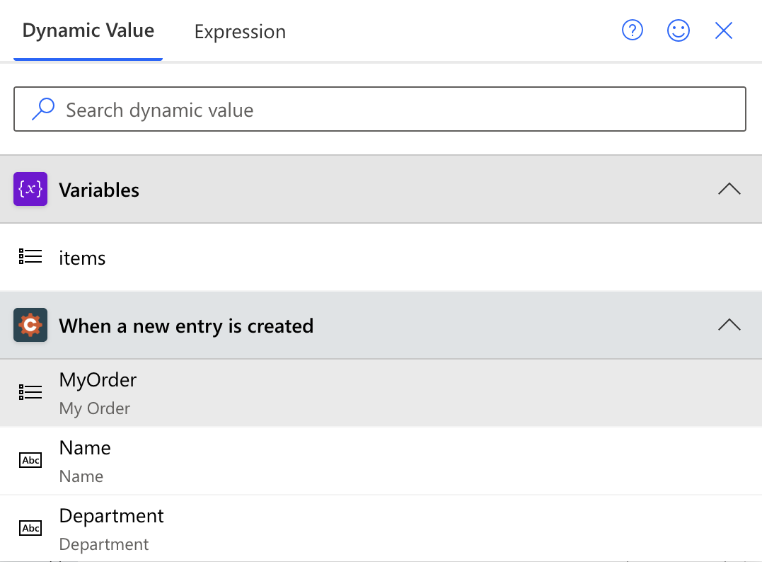 Dynamic value panel listing the items variable and the outputs of the When a new entry is created trigger