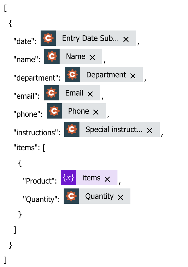 Template data of the Start document generation process with JSON action, where the date, name, department, email, phone, instructions and items tokens are filled with Cognito Forms dynamic content