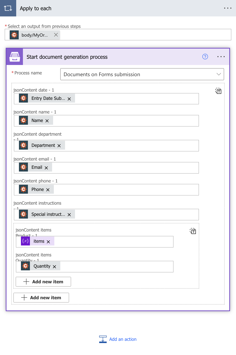 Start document generation process action with the process selected in Process name and the generated jsonContent inputs filled with Cognito Forms dynamic content
