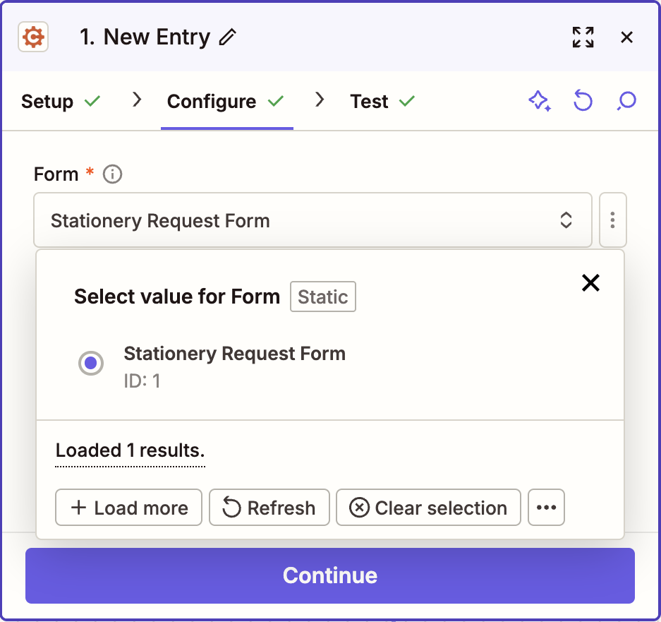 Selecting the Stationery Request Form in the Cognito Forms trigger settings in Zapier