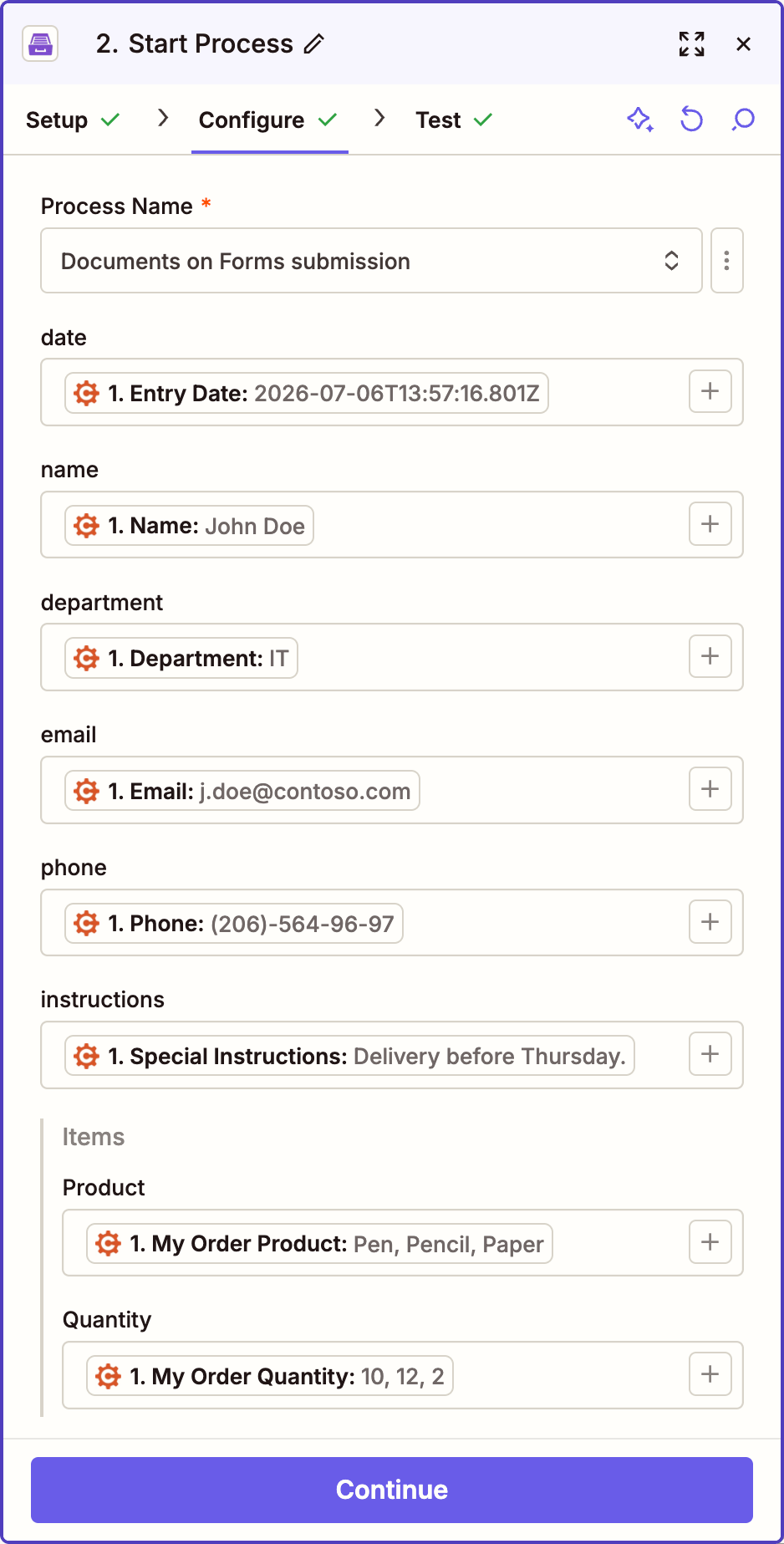 Cognito Forms entry data mapped to the process tokens in the Start Process action, including the Items collection