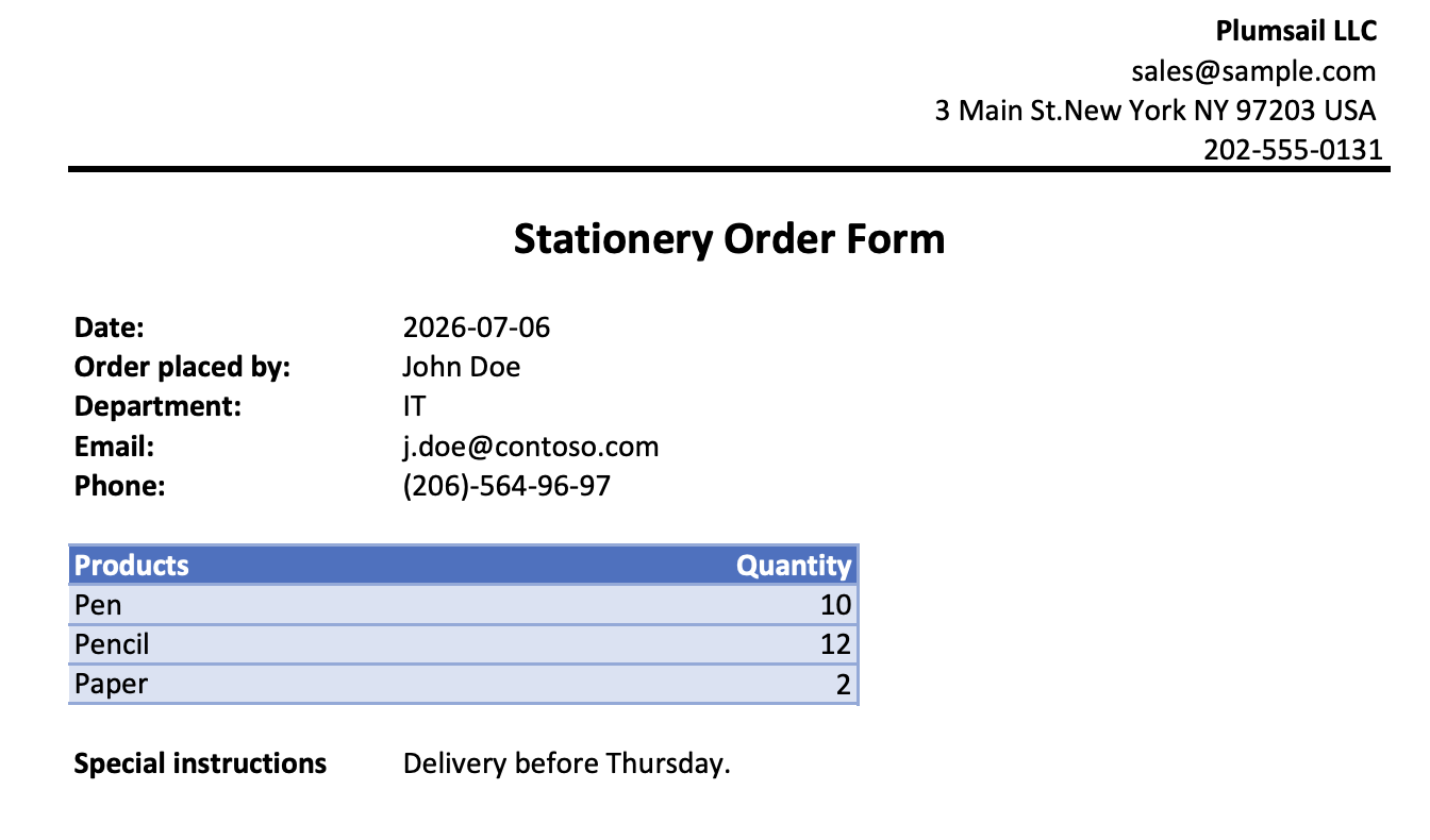 Generated PDF stationery order with the employee details, a table of ordered products with quantities, and special instructions