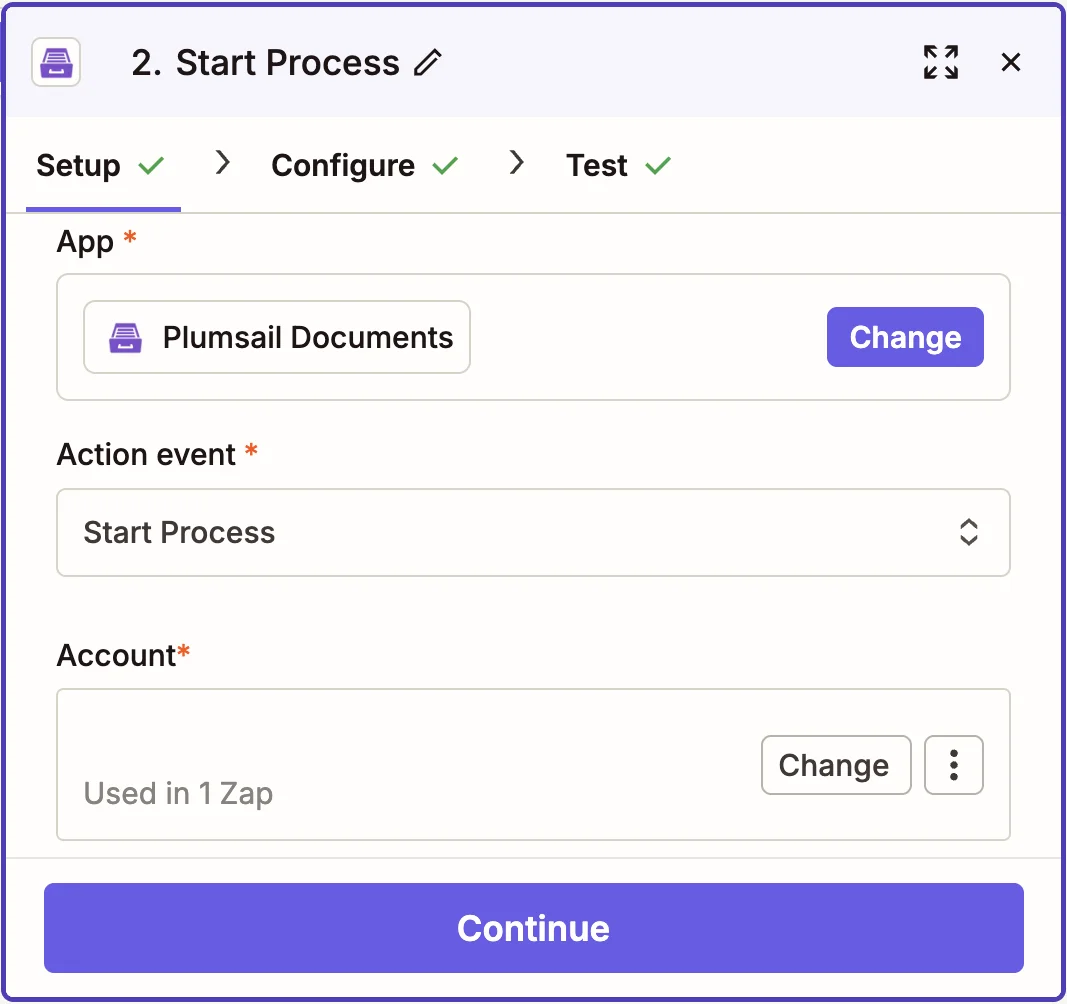 Plumsail Documents app with the Start Process action event selected in Zapier