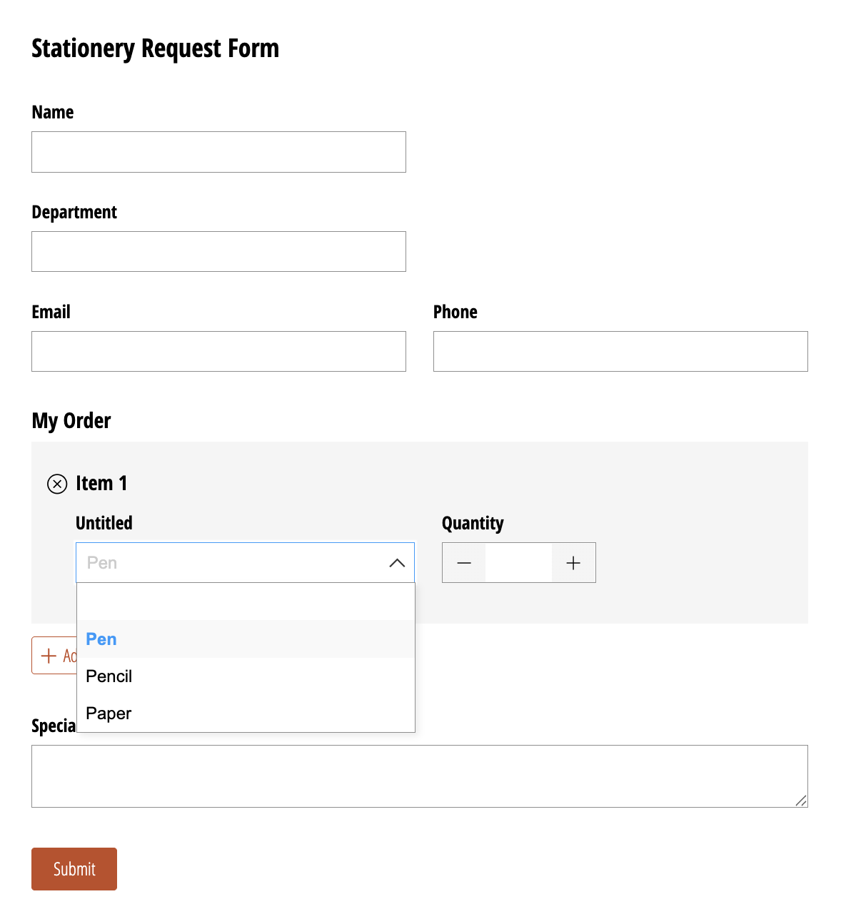 Stationery Request Form in Cognito Forms with Name, Department, Email, and Phone fields and a repeating My Order section