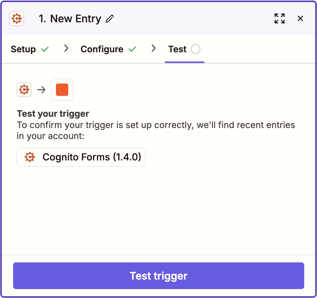 Test step of the Cognito Forms New Entry trigger with the Test trigger button in Zapier