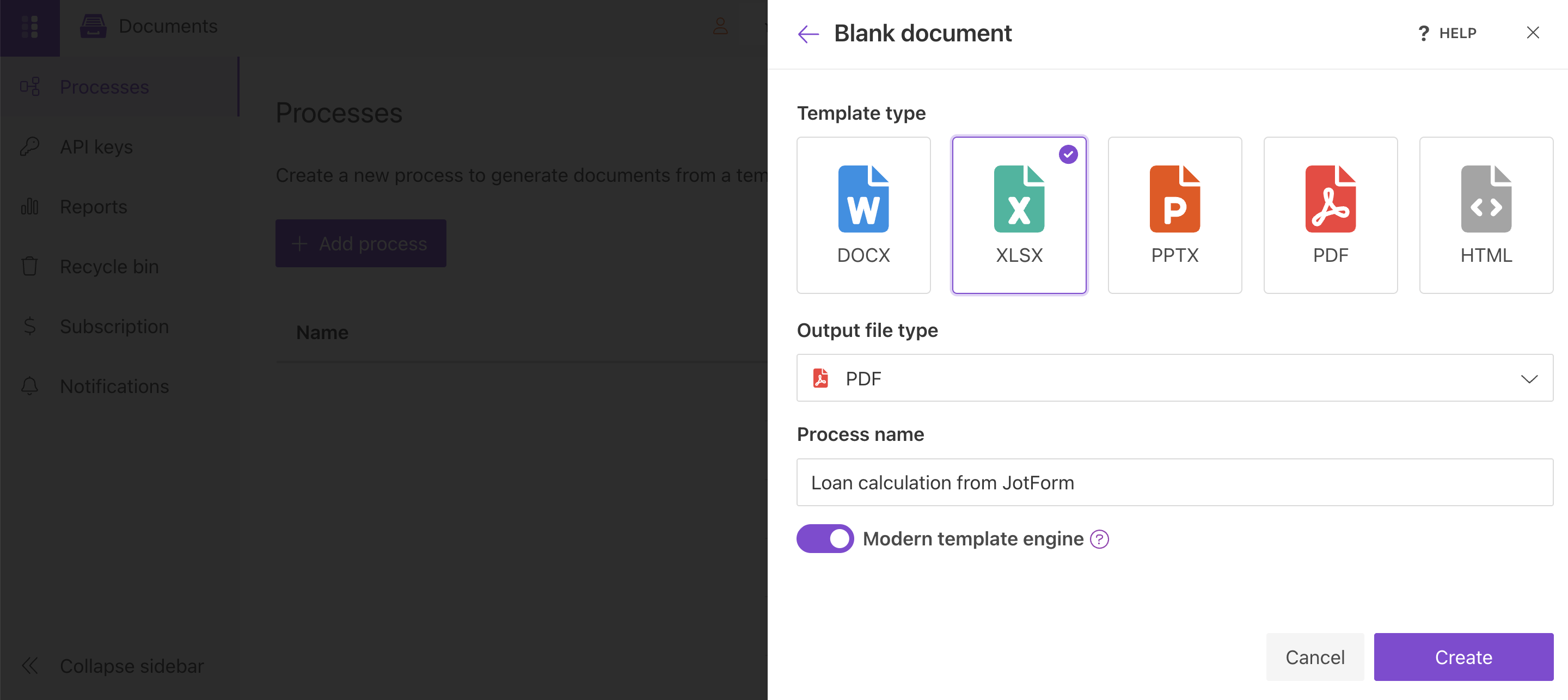 Add process button and create a new process with XLSX template type