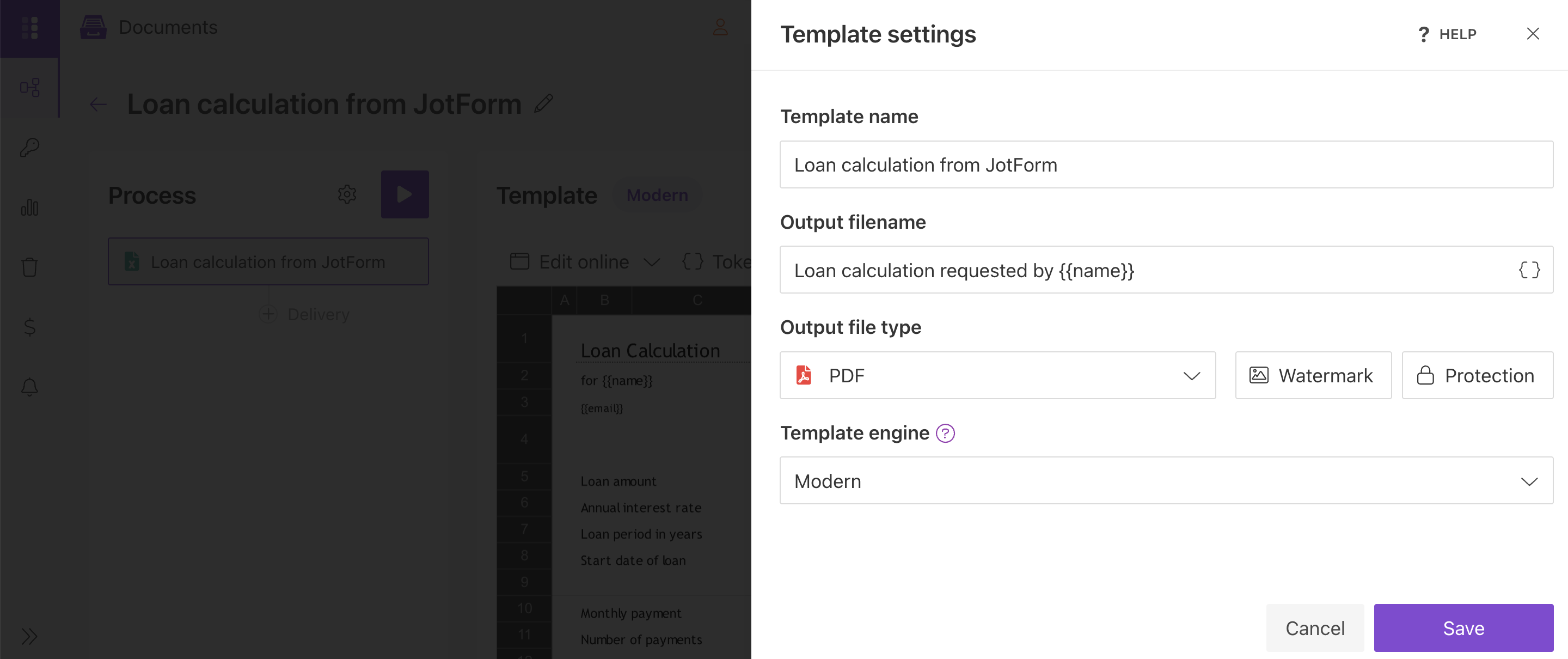 Template settings dialog with PDF as the output file type