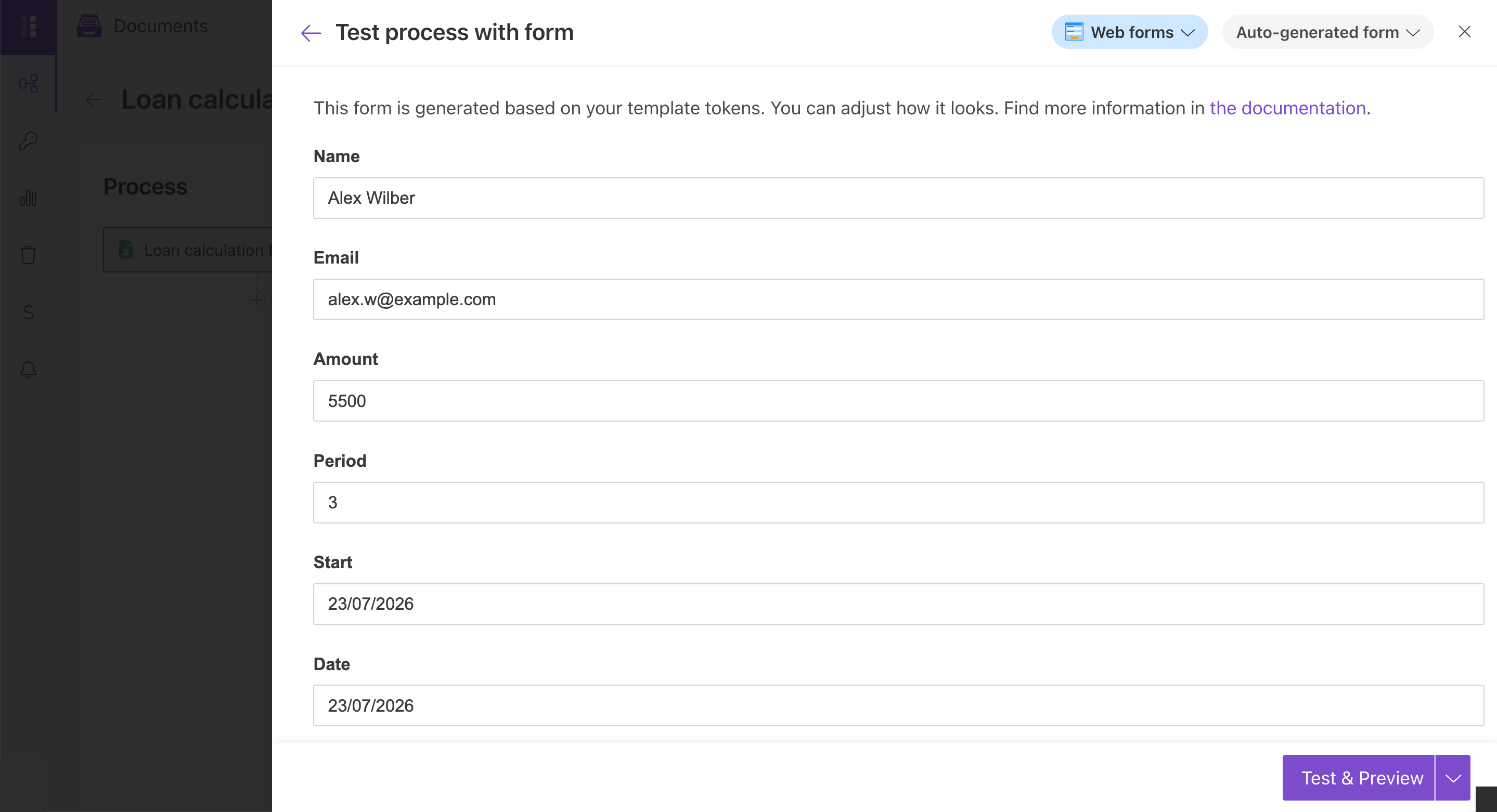 Test template dialog with the auto-generated testing form