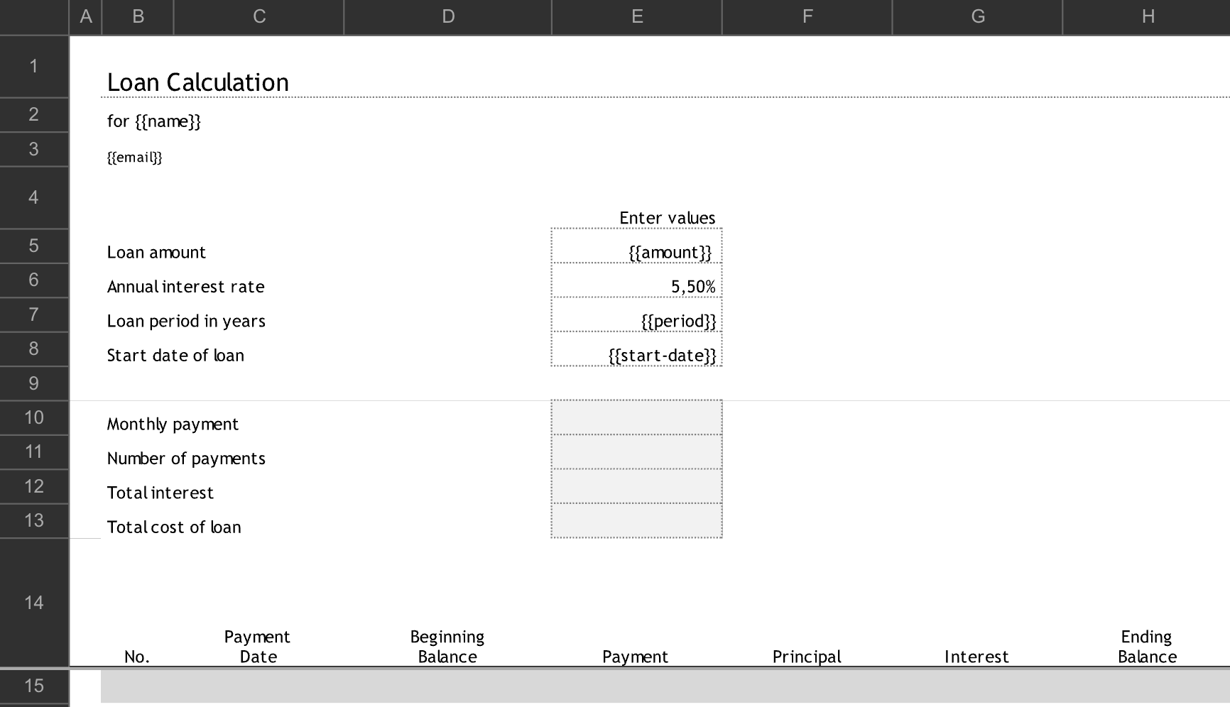 Loan calculation XLSX template with tokens