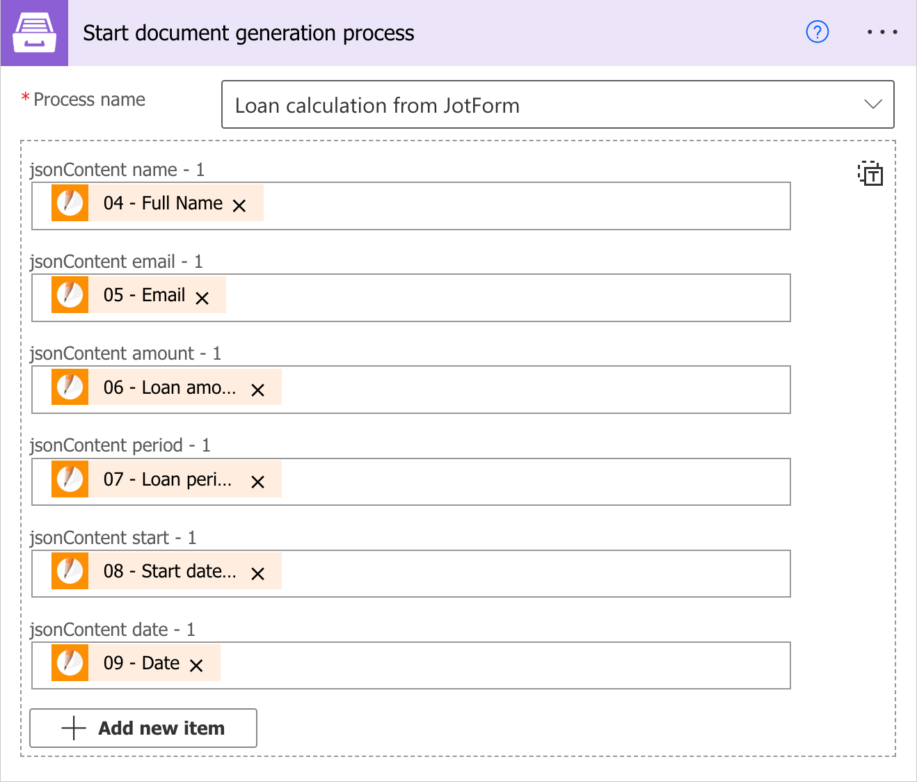 Process name and the automatically generated inputs for the template tokens