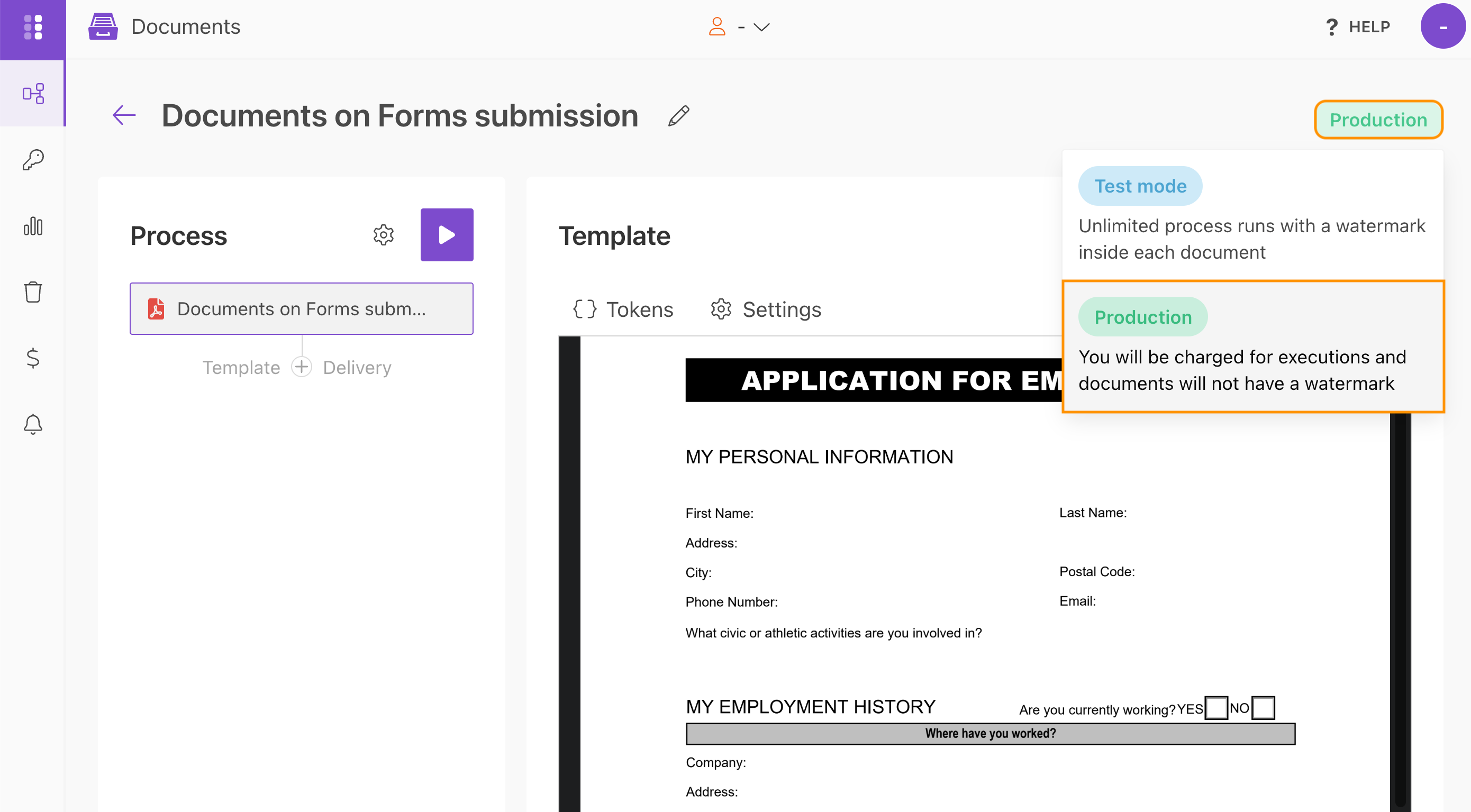 Switch the process to Production mode to remove Plumsail watermarks