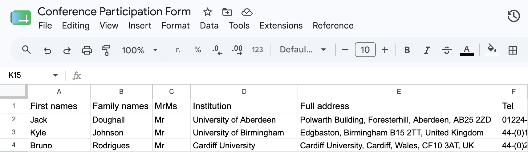 Example of Google Sheet